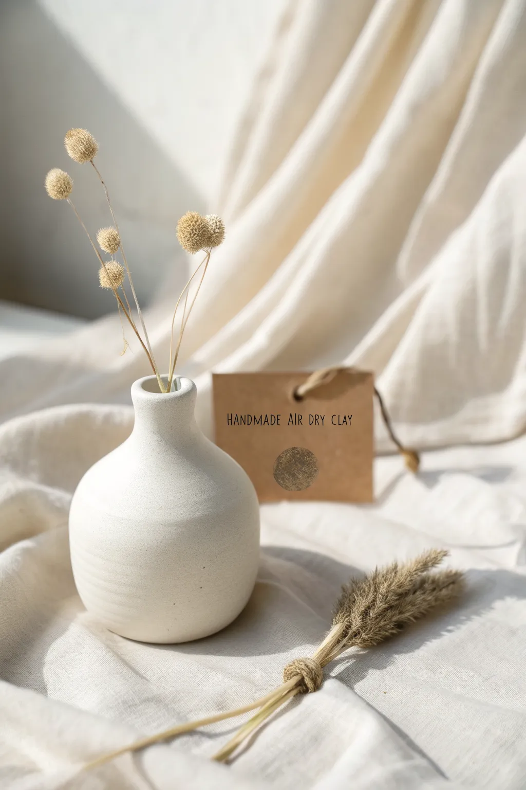 Tiny air-dry clay bud vase with dried stems and a simple gift tag, minimal and gift-ready.