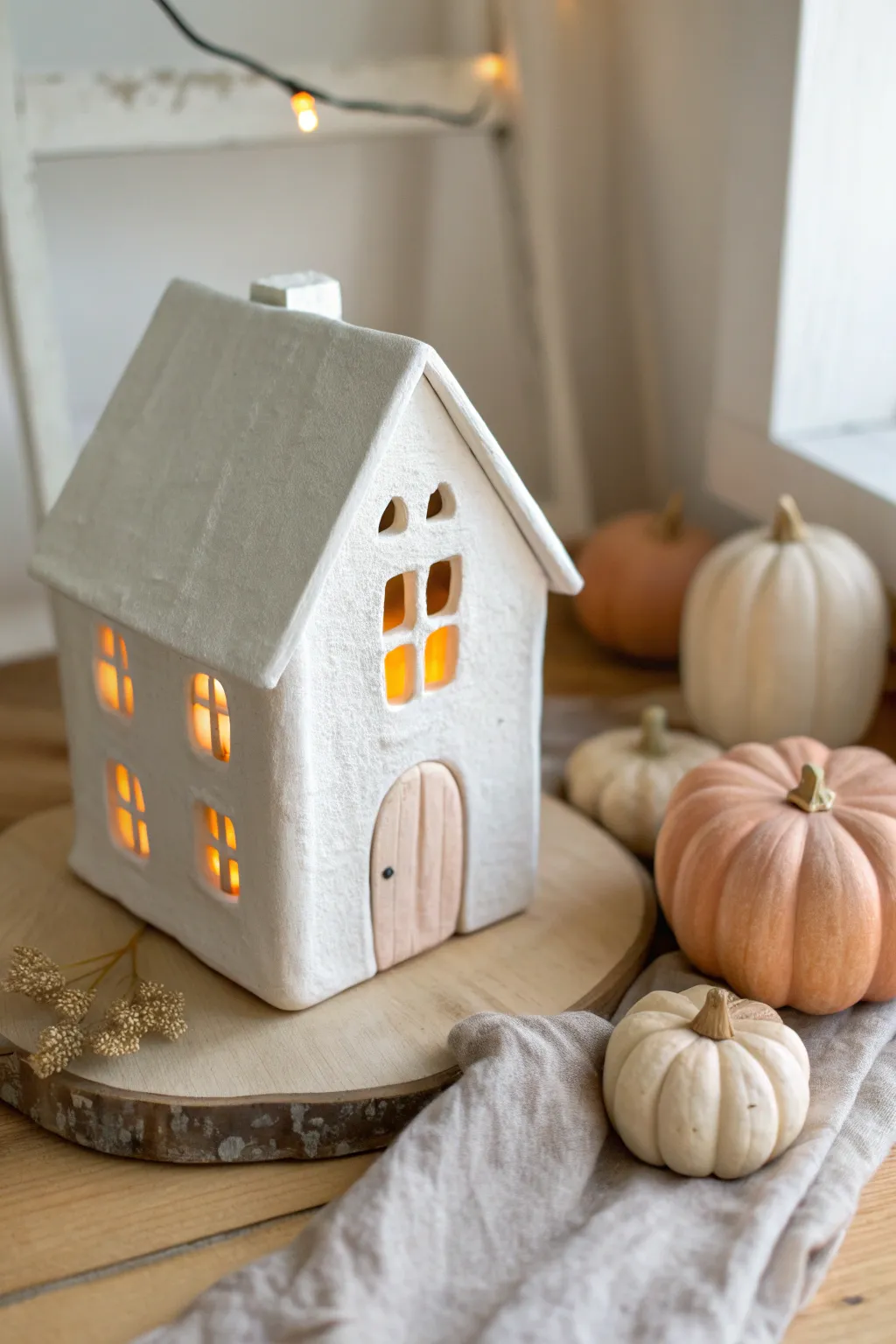 Cozy air-dry clay haunted house luminary with soft glow and tiny pumpkins for Halloween