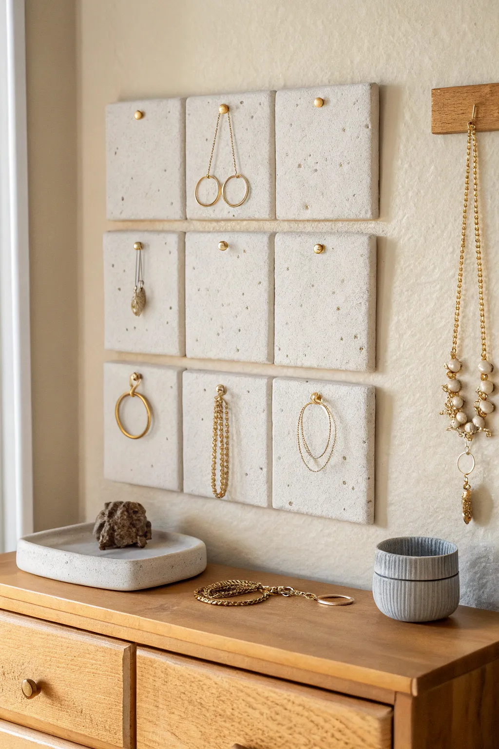 Minimal air-dry clay wall tiles that double as a chic jewelry catchall for adults