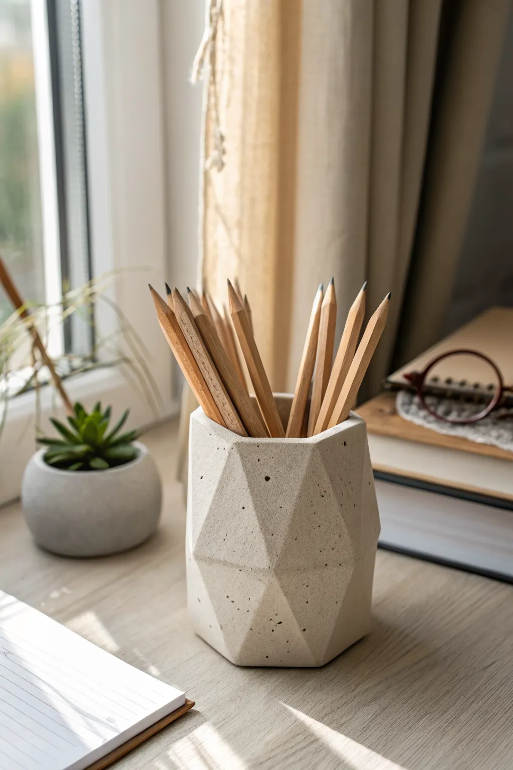 Easy geometric air dry clay pencil cup in soft neutrals, a chic minimalist desk upgrade.