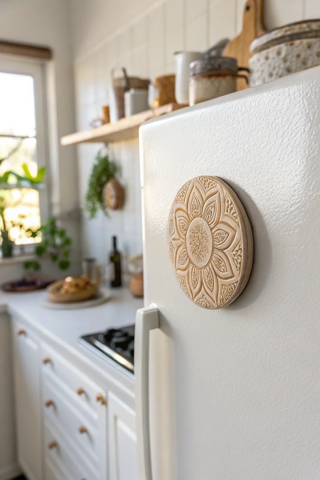 Stamped air-dry clay coin magnet in soft neutrals, simple texture and cozy minimalist boho style.
