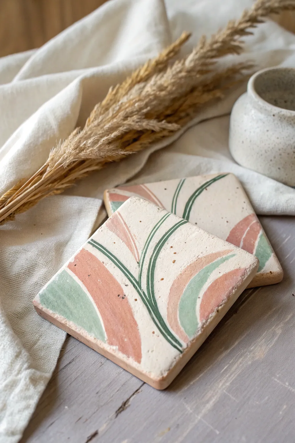 Two minimalist air-dry clay lyric tiles in soft boho tones, a sweet DIY date keepsake