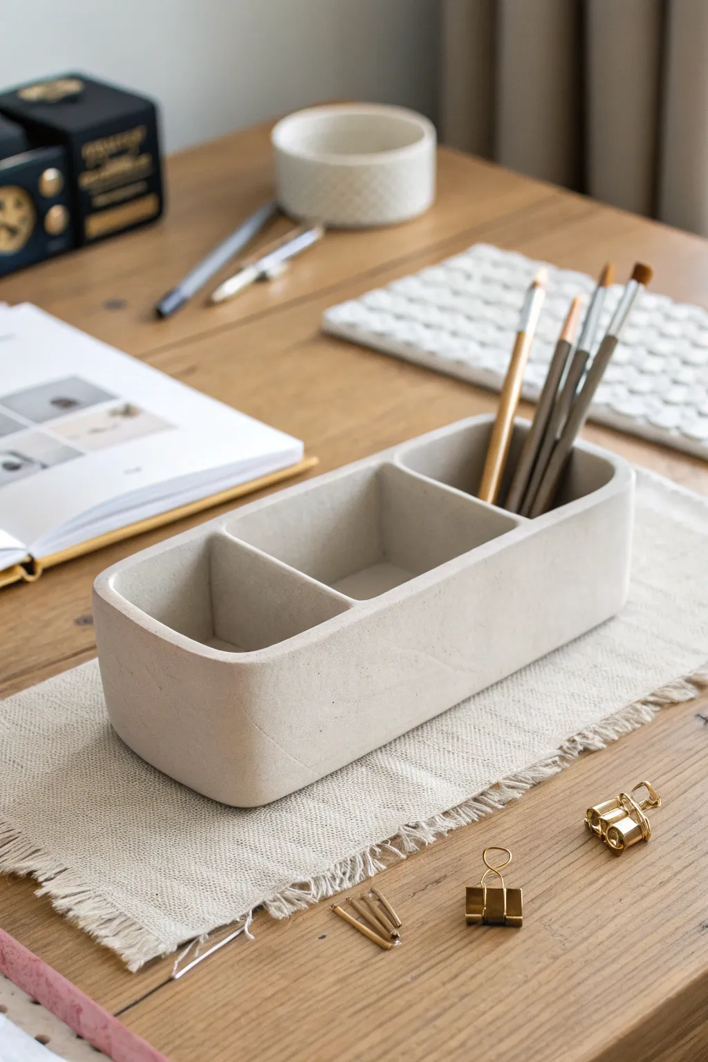 Minimal air dry clay desk organizer in soft neutrals with simple compartments and pencil slot