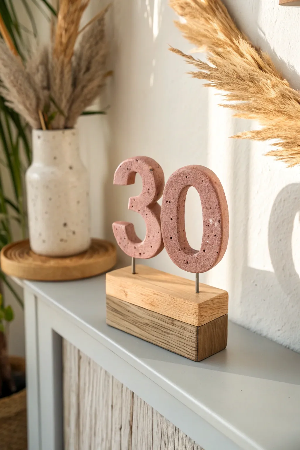 Minimal air dry clay number keepsake on a stand, a chic birthday gift that lasts forever.