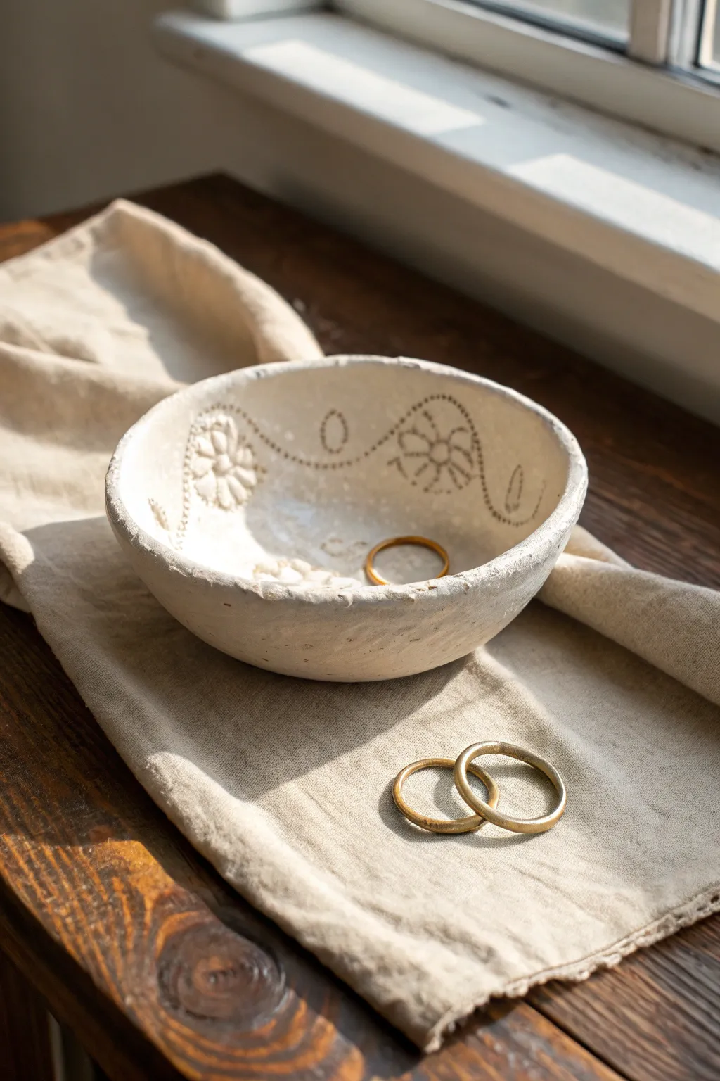 Lace-textured air dry clay bowl on linen with vintage rings, soft Scandinavian boho styling.
