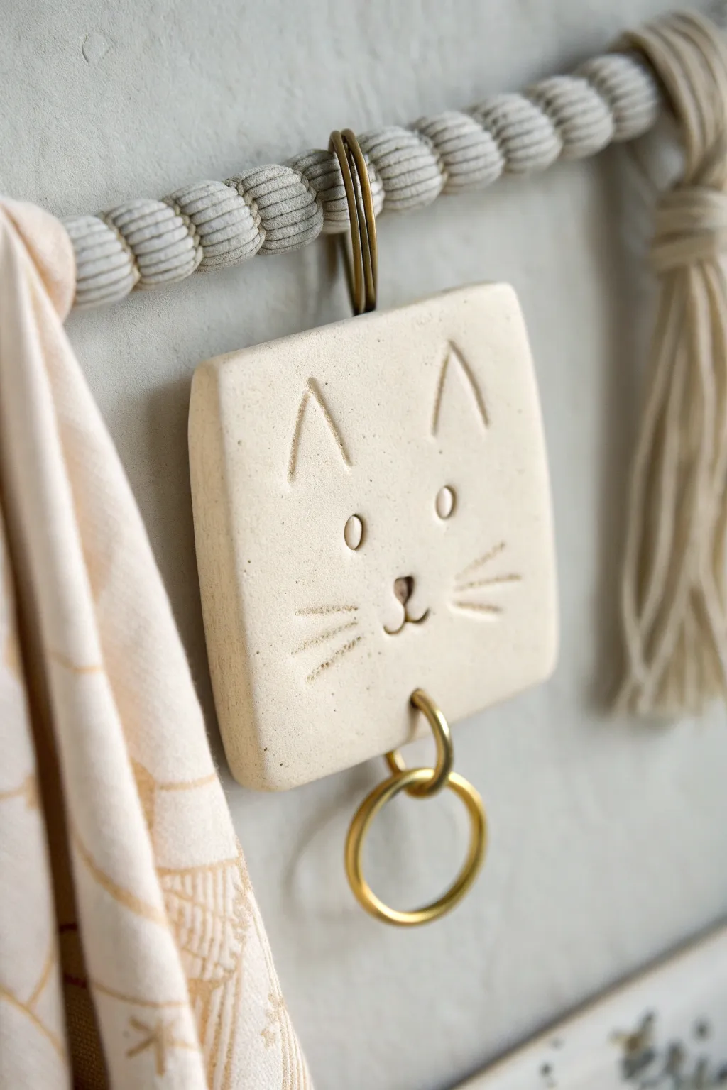 Minimal air dry clay cat hook tile, perfect for hanging a necklace with cozy Scandi charm.