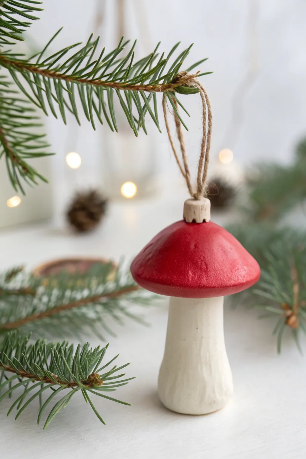 Minimal Scandi mushroom ornament in air-dry clay, twine loop, cozy greenery backdrop.