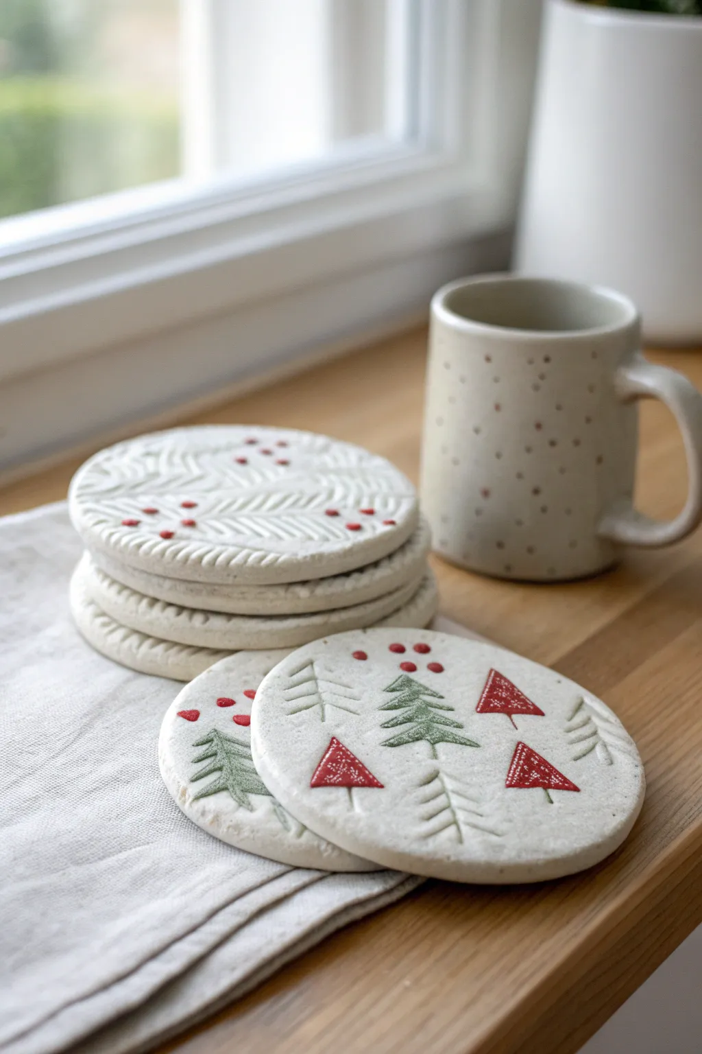 Handmade air dry clay coasters with cozy sweater motifs in festive Scandinavian minimal style.