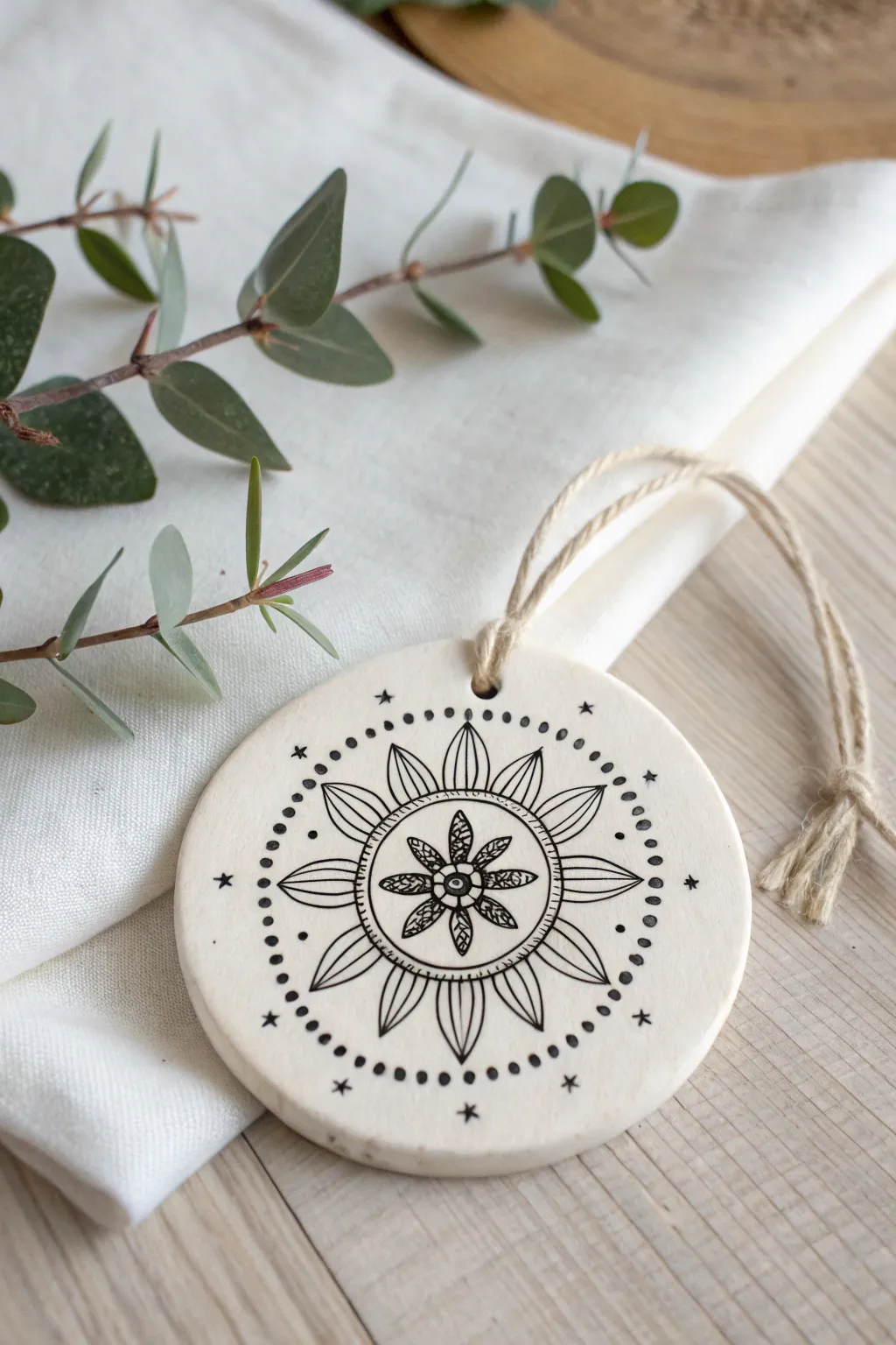 Minimal air dry clay ornament with bold black ink doodles, a chic Scandinavian Christmas DIY.