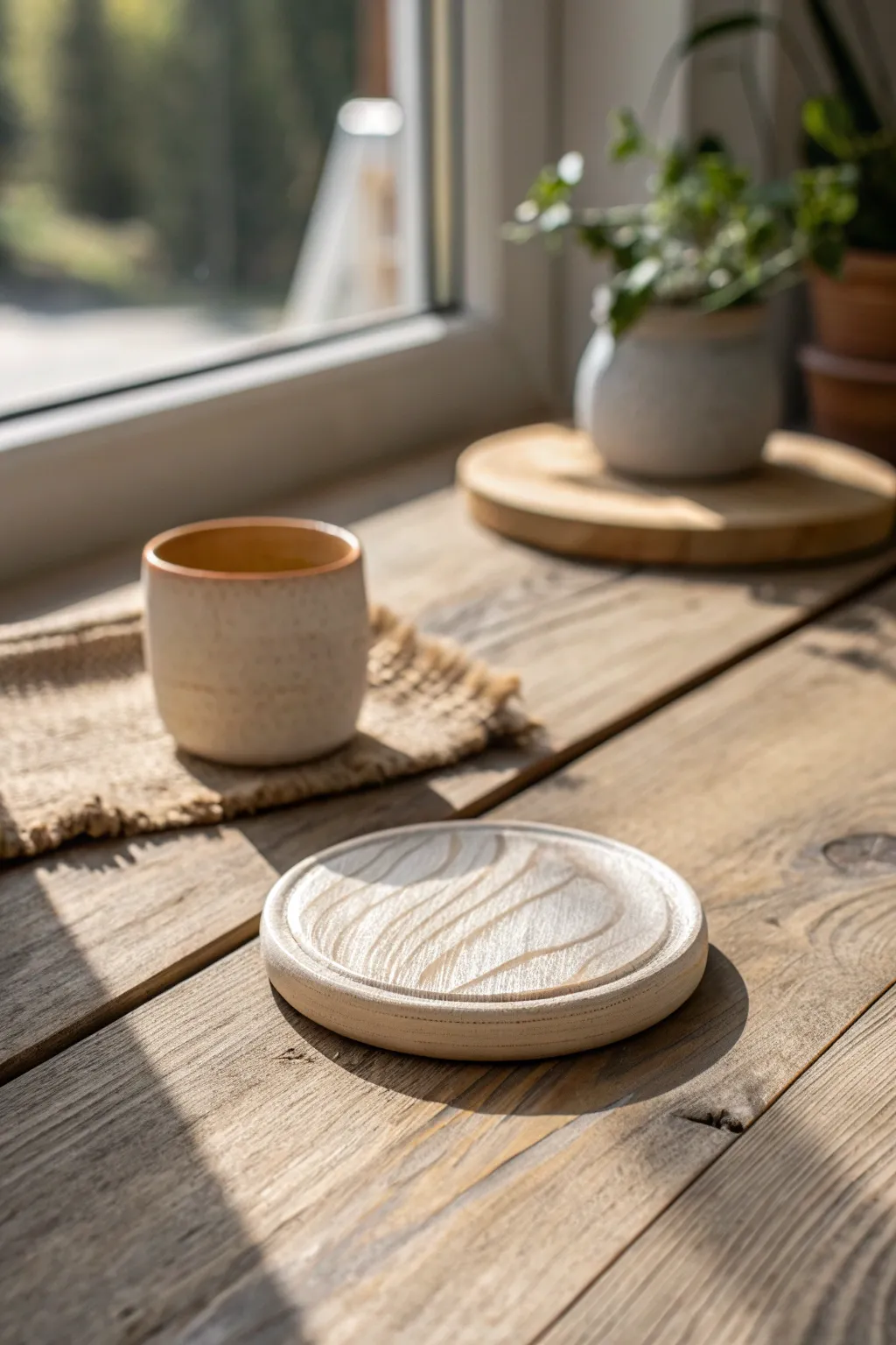 Warm beige woodgrain air dry clay coaster with a cozy minimalist look and handmade natural texture