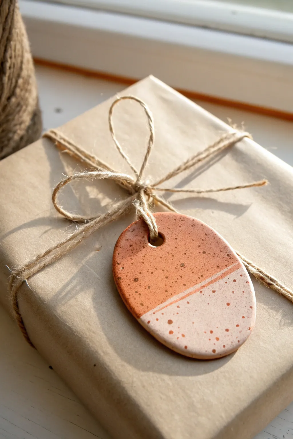 Minimalist air dry clay gift tag tied with twine, perfect for handmade personalized presents.