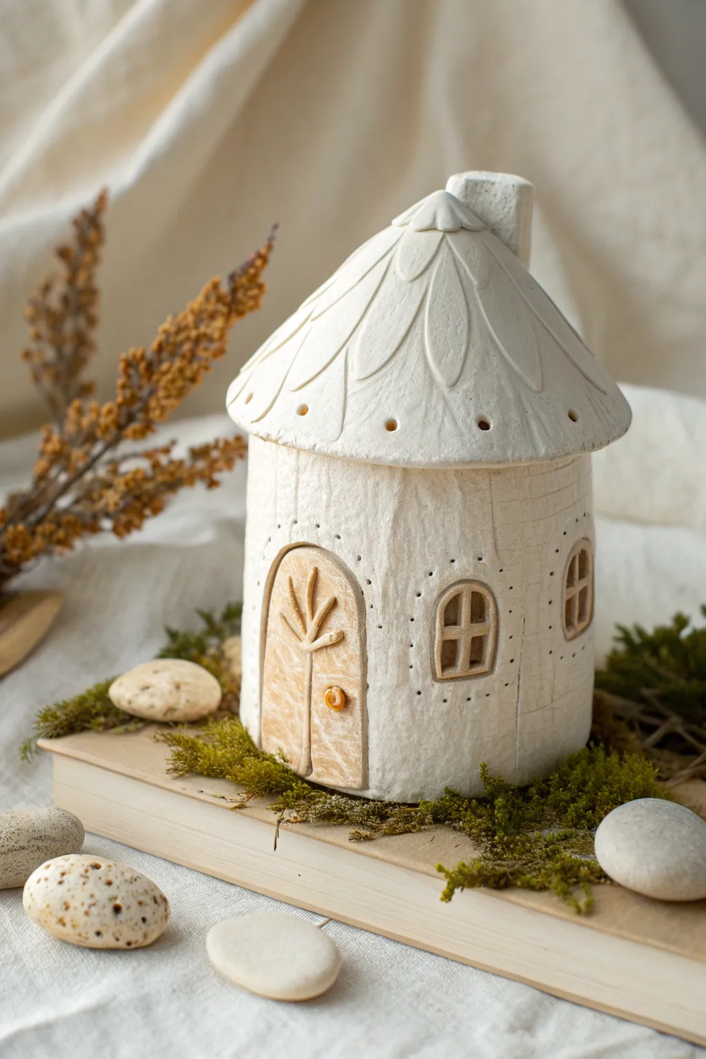 Whimsical air dry clay fairy house with nature textures, a sweet kid friendly craft idea.