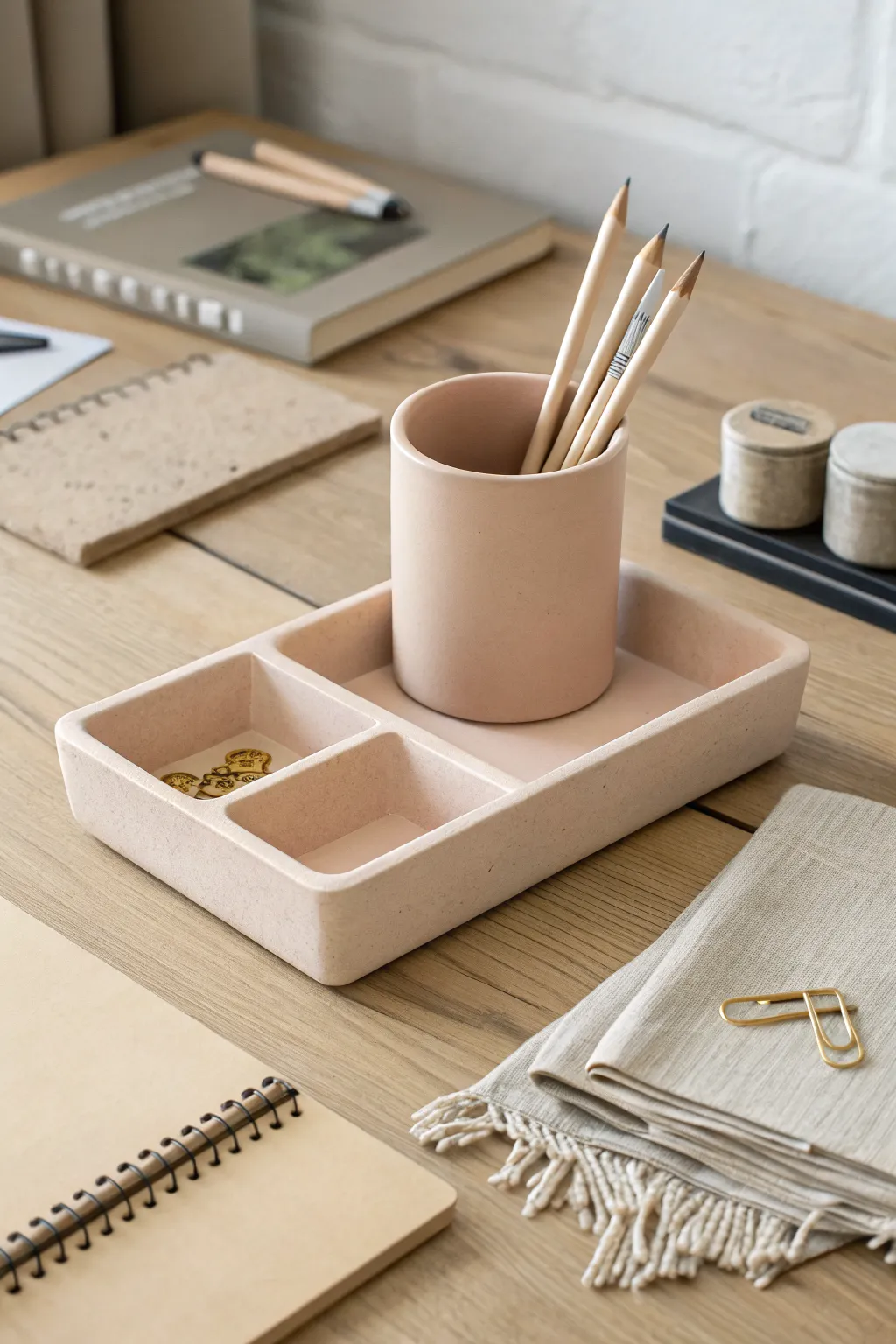 Minimal air dry clay desk organizer set in soft neutrals for a calm, crafted workspace