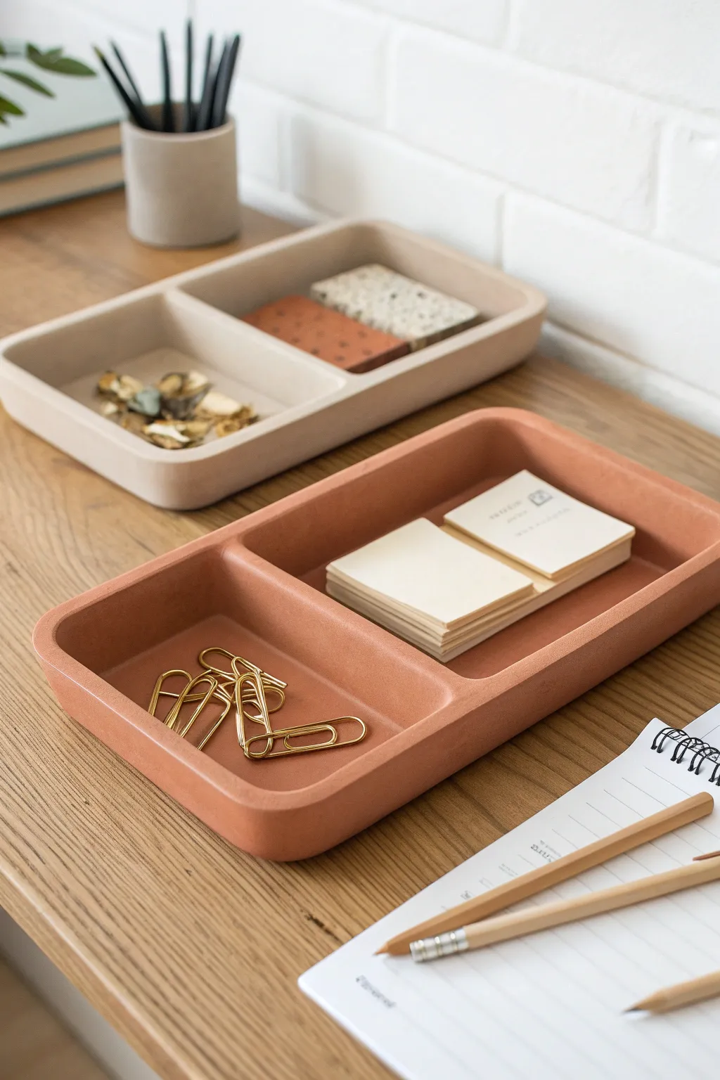 Minimal air dry clay desk organizer tiles in neutral tones for a tidy, calming workspace.
