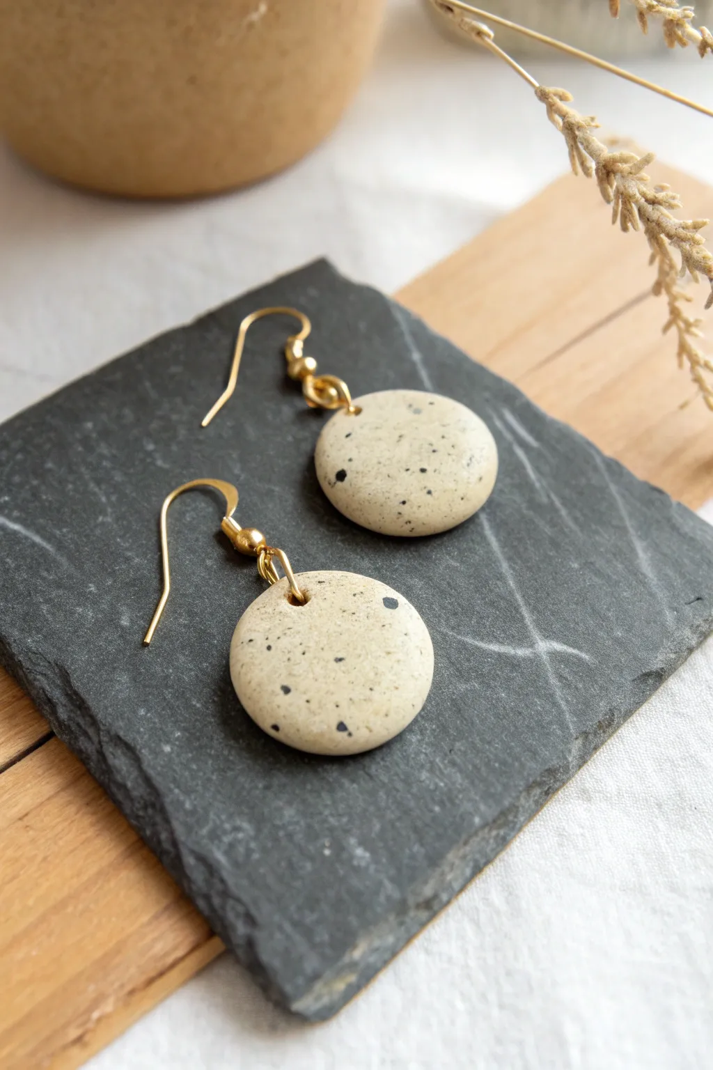 Faux stone speckled pebble earrings in soft neutrals, minimalist boho charm for everyday wear