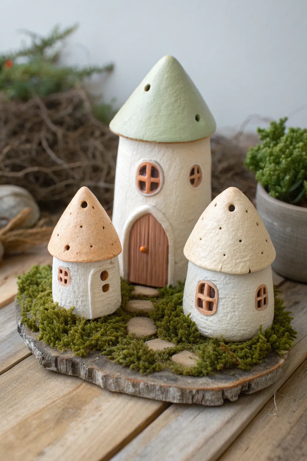 Tiny fairy village set: three air dry clay houses on moss, minimalist, boho, and dreamy.