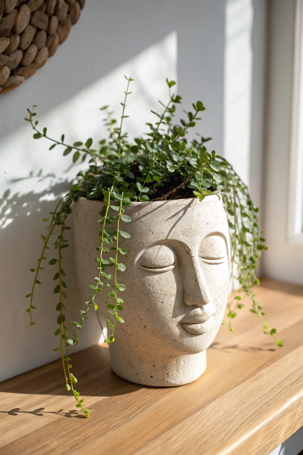 Quirky air dry clay face planter head with leafy hair, minimalist and bright with clean contrast