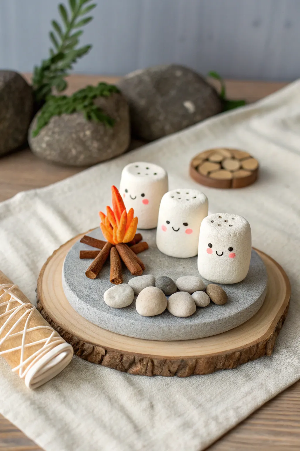 Sweet air-dry clay marshmallows around a tiny campfire, cozy minimal boho decor vibes