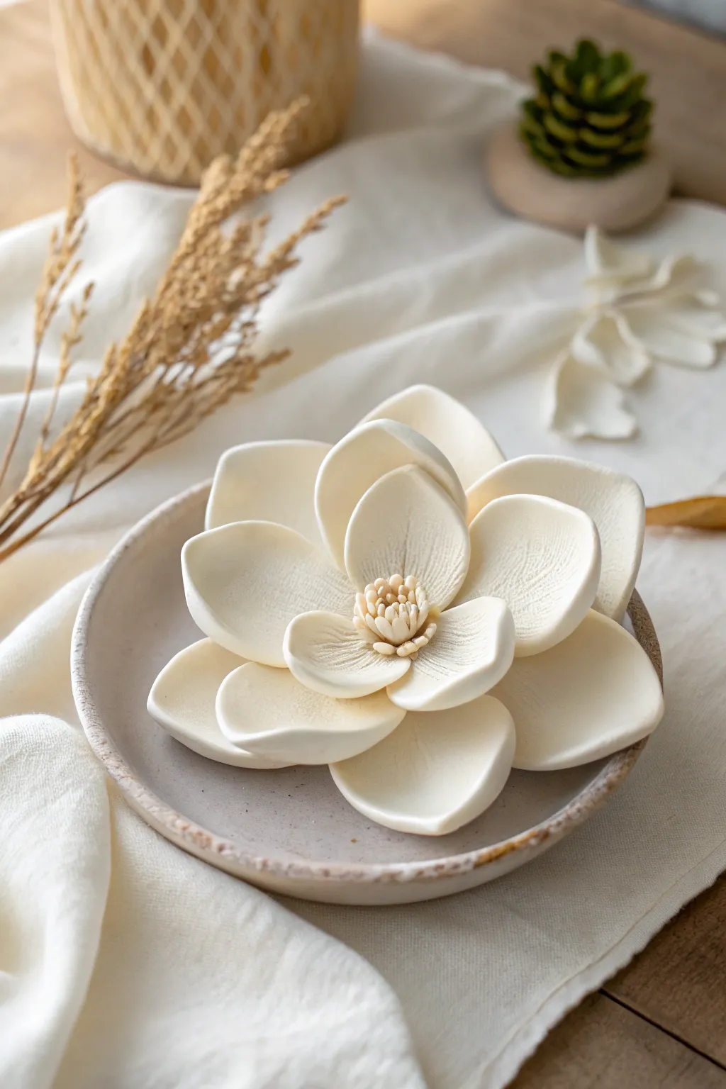 Creamy white air dry clay magnolia with thick petals, styled in soft Scandinavian minimalism.