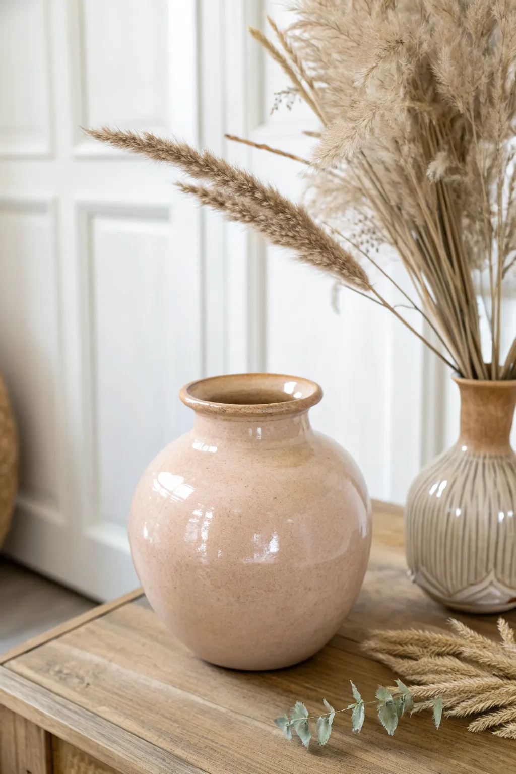 Glossy faux-glazed air dry clay pot vase with dried florals for a clean modern boho look