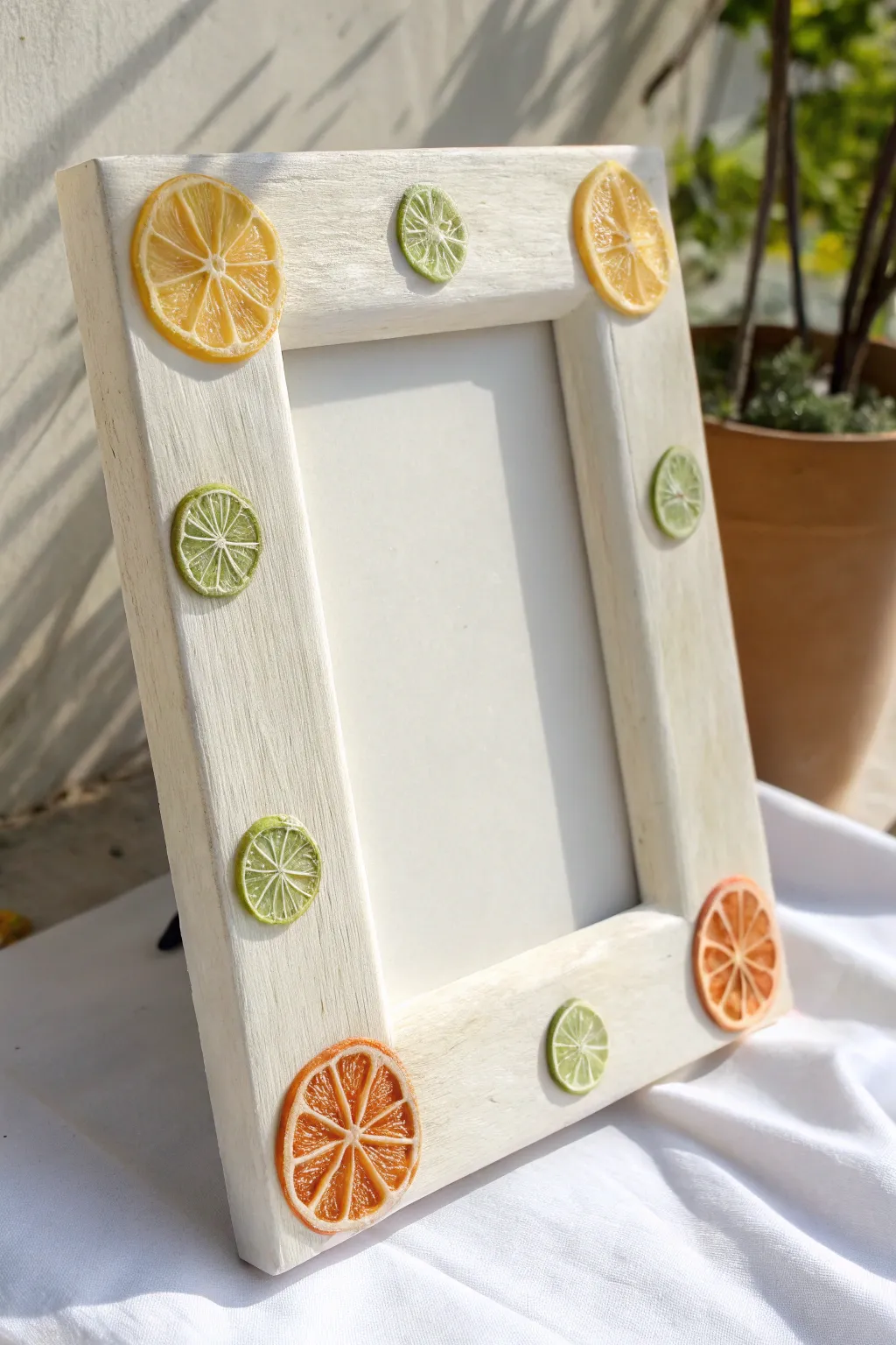 Bright air dry clay frame with tiny citrus slices for a fresh, joyful pop of color.