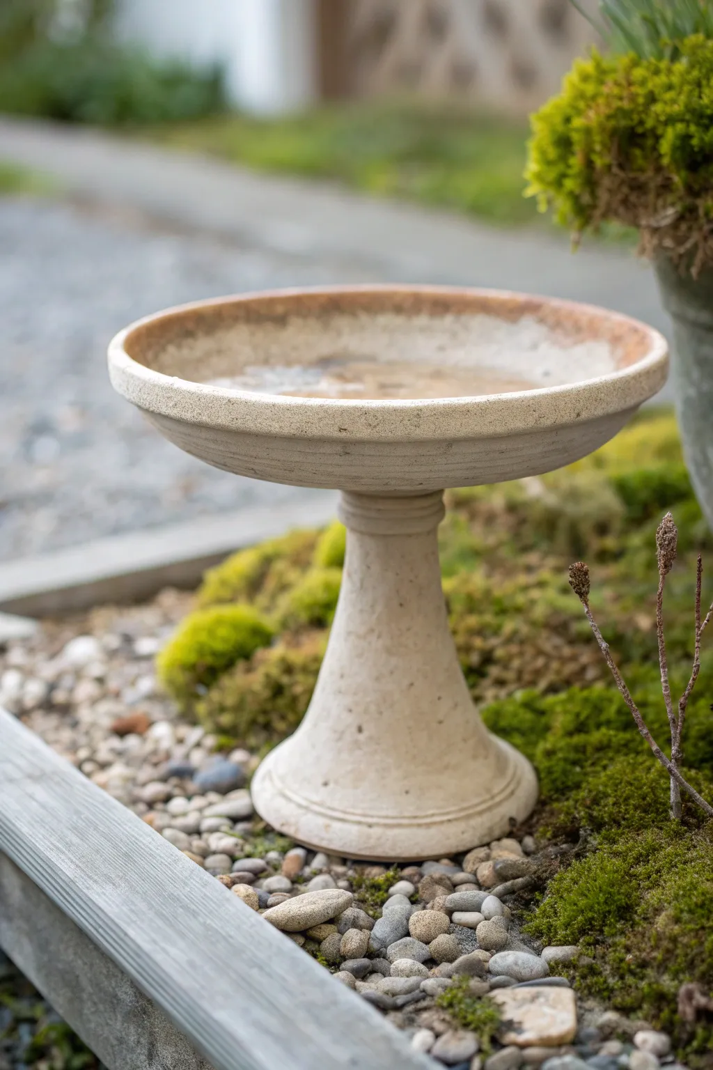 Mini air dry clay birdbath dish with a stone-like finish, perfect for fairy garden planters.