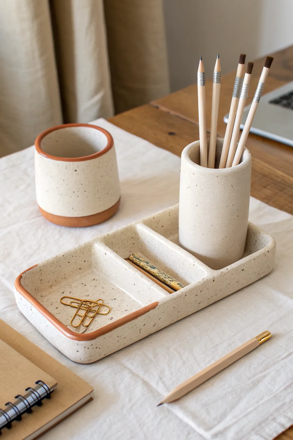 Minimal air dry clay tray and pen cup set, calm tones and clean lines for a chic desk gift.