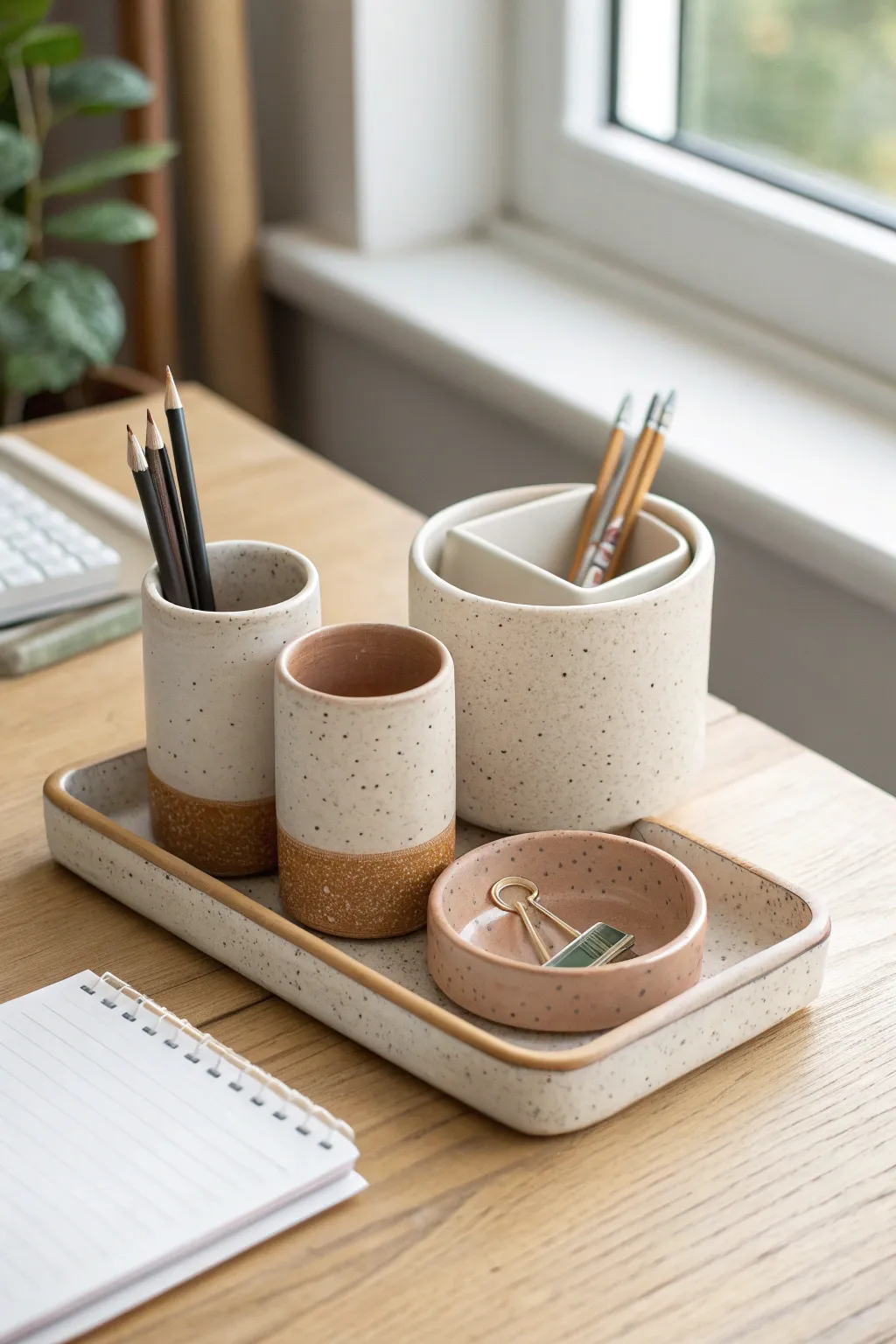 Neutral air-dry clay desk organizer trio for a calm, minimalist home office nook