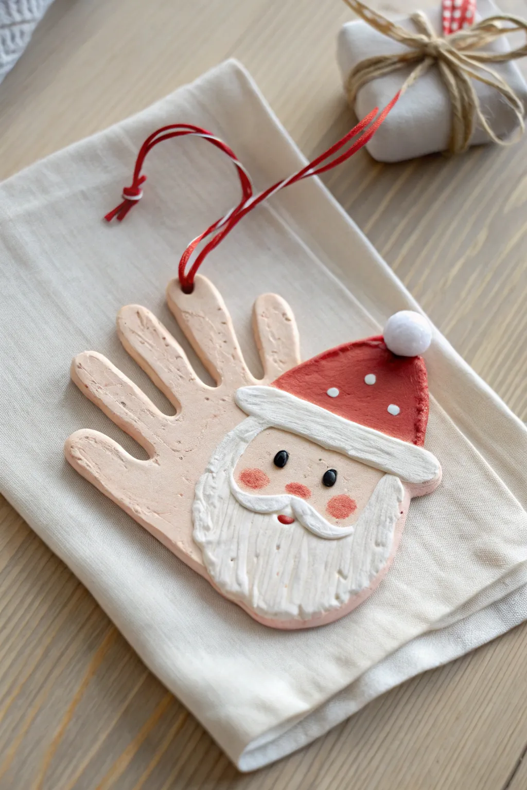 Simple air dry clay handprint Santa ornament with a ribbon loop, minimalist and cozy.
