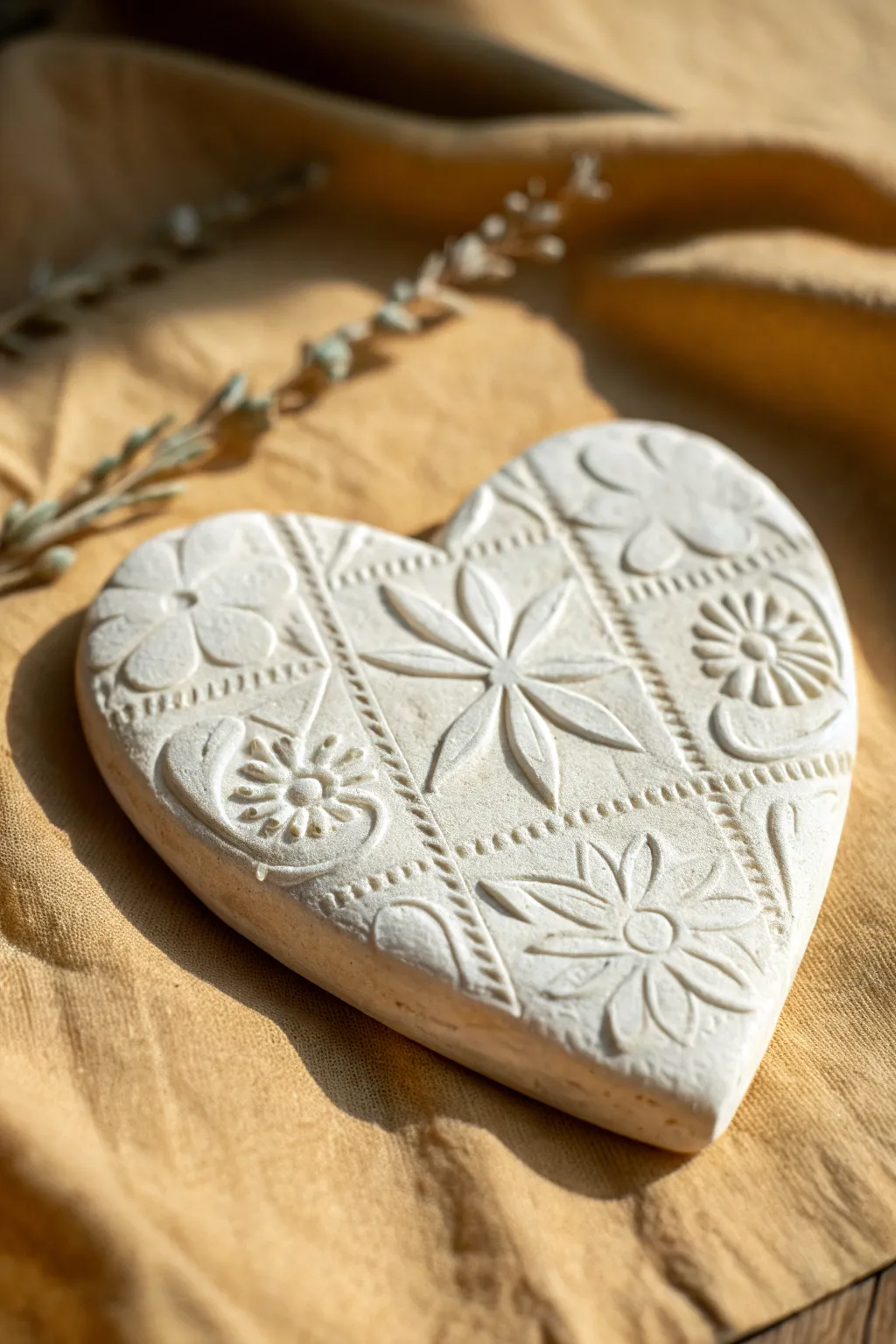 Soft-washed air dry clay heart with raised stencil relief, minimalist and beautifully handcrafted