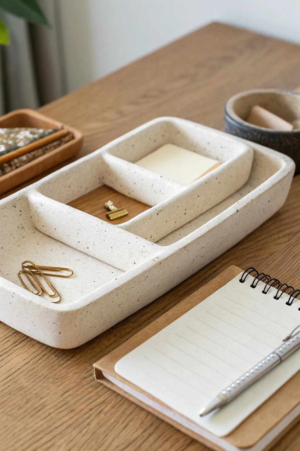 Scandi air-dry clay desk tray set in warm neutrals, minimalist and boho, beautifully tidy.