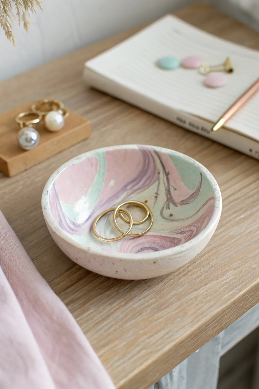 Pastel marbled air dry clay catchall bowl for rings and clips, minimal and calming