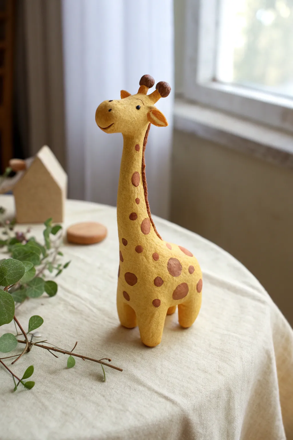 Cute air dry clay giraffe with hand-painted spots, warm tones, and minimalist Scandinavian styling
