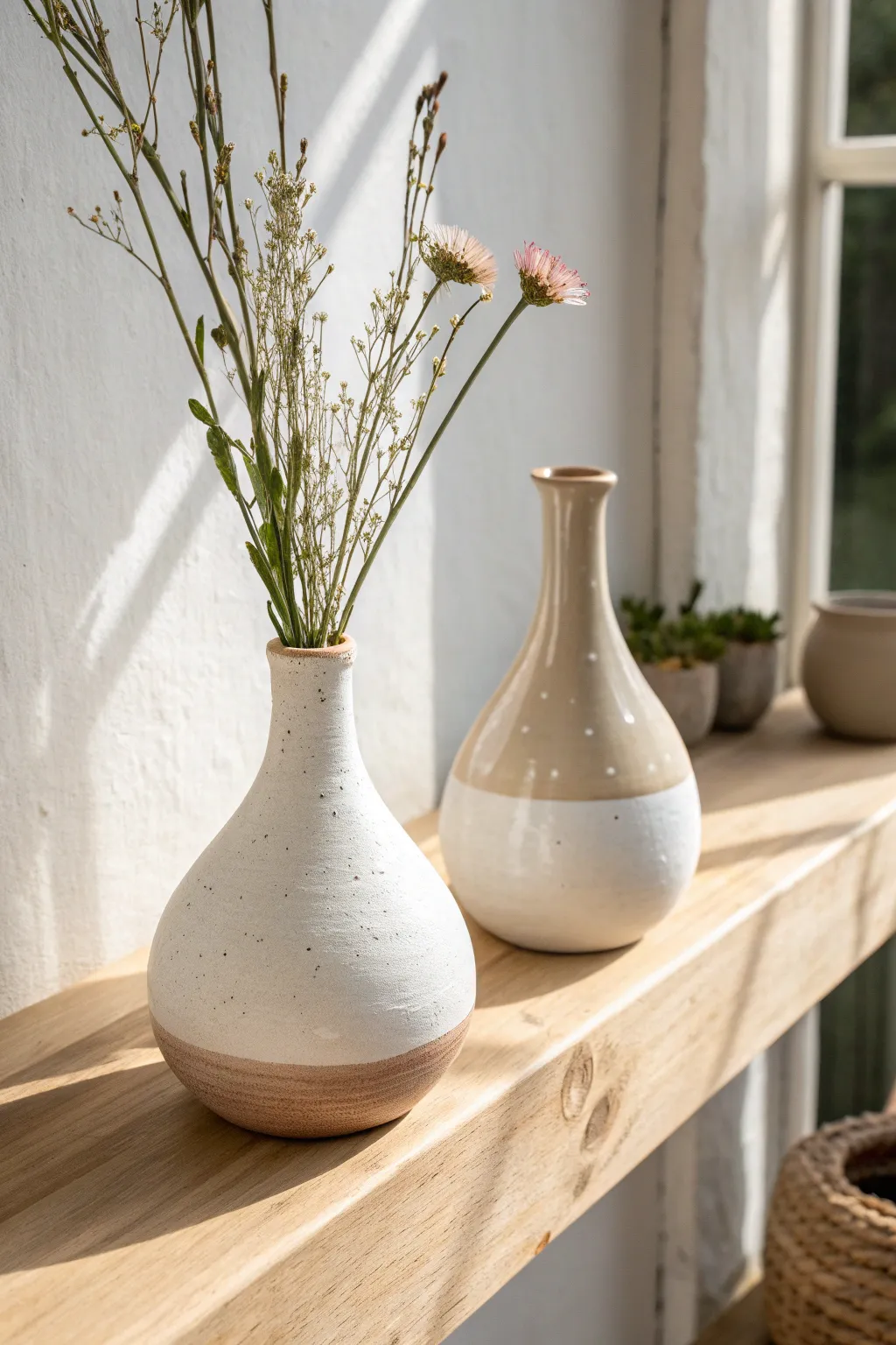 Two glossy air-dry clay bud vases with a dipped glaze look for simple, modern shelf styling.
