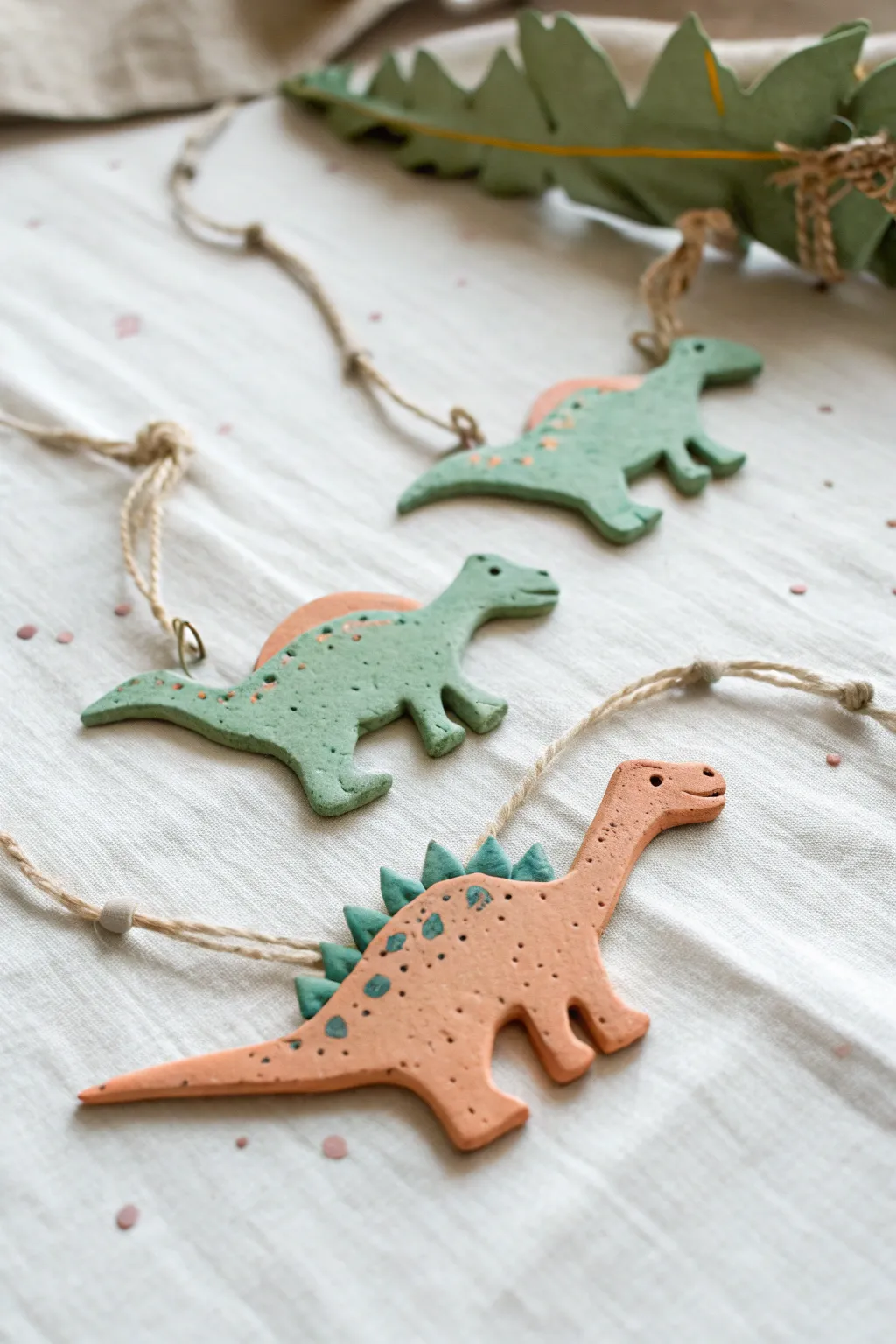 Minimal air dry clay dinosaur garland ornaments in soft boho tones, ready to string and hang