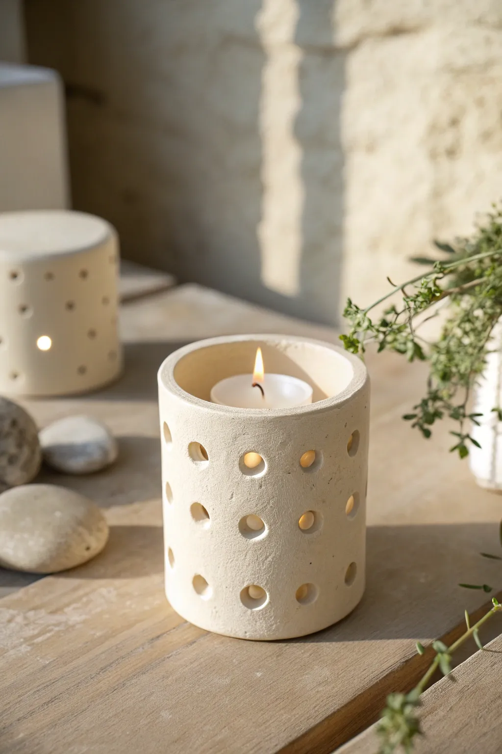 Beginner-friendly air dry clay tea light holder with simple cutouts for a soft minimalist look