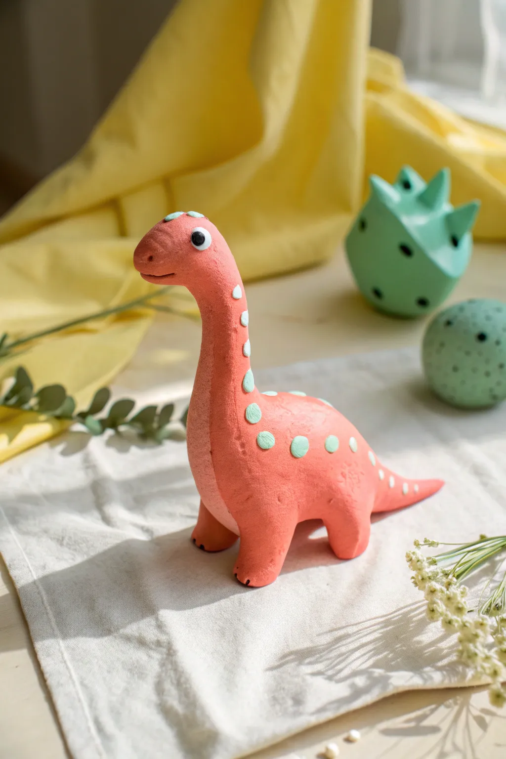 Simple oval-and-cone clay dino in sunny pastels, a cute air-dry project for kids