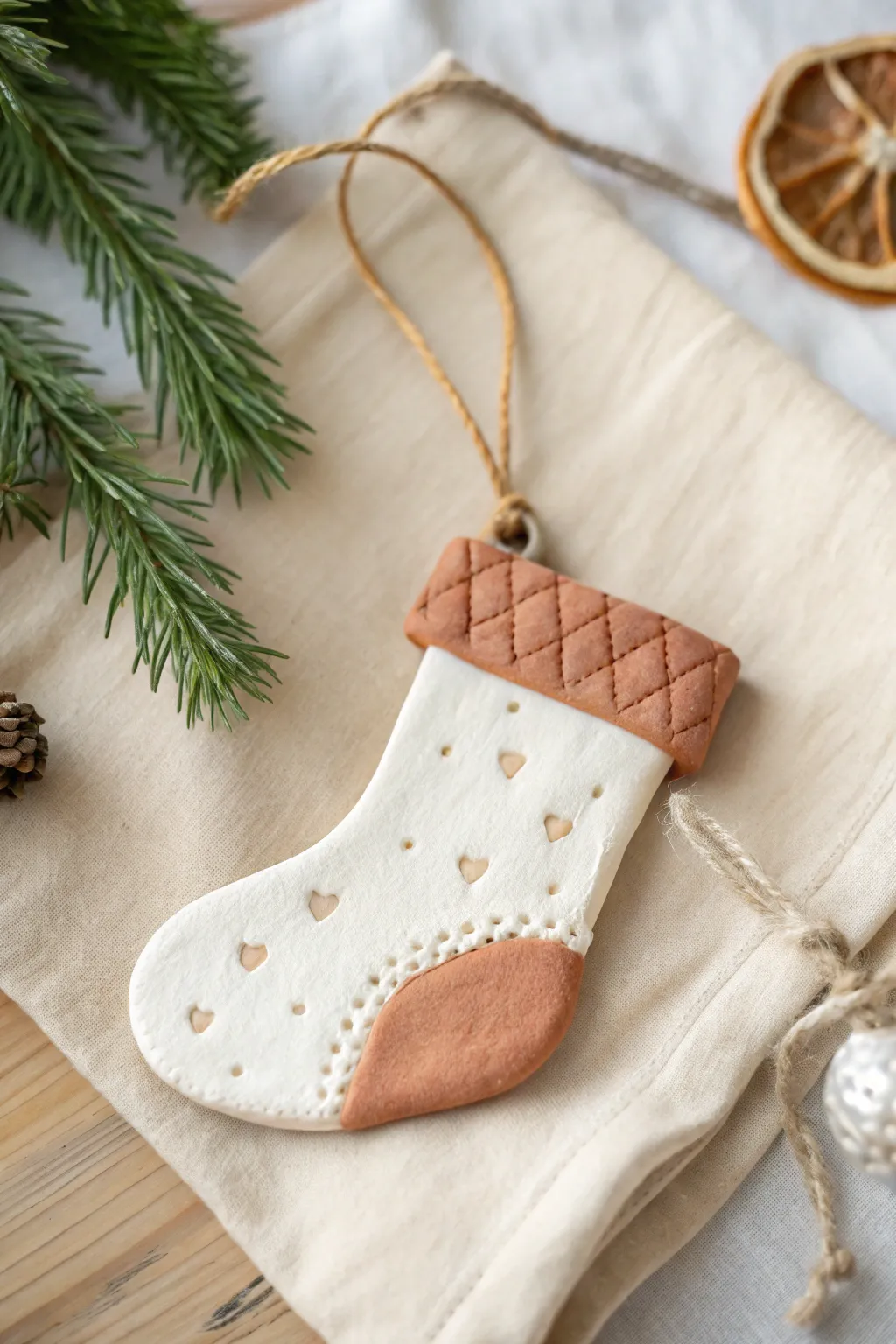 Sweet air dry clay stocking ornament with textured cuff, perfect for kid-made Christmas decor.