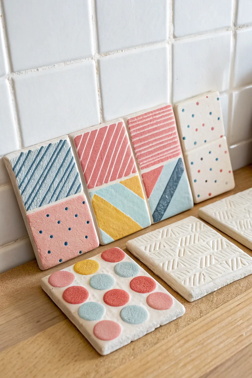 Bright, textured air dry clay tiles that double as mini wall art for a playful kids room