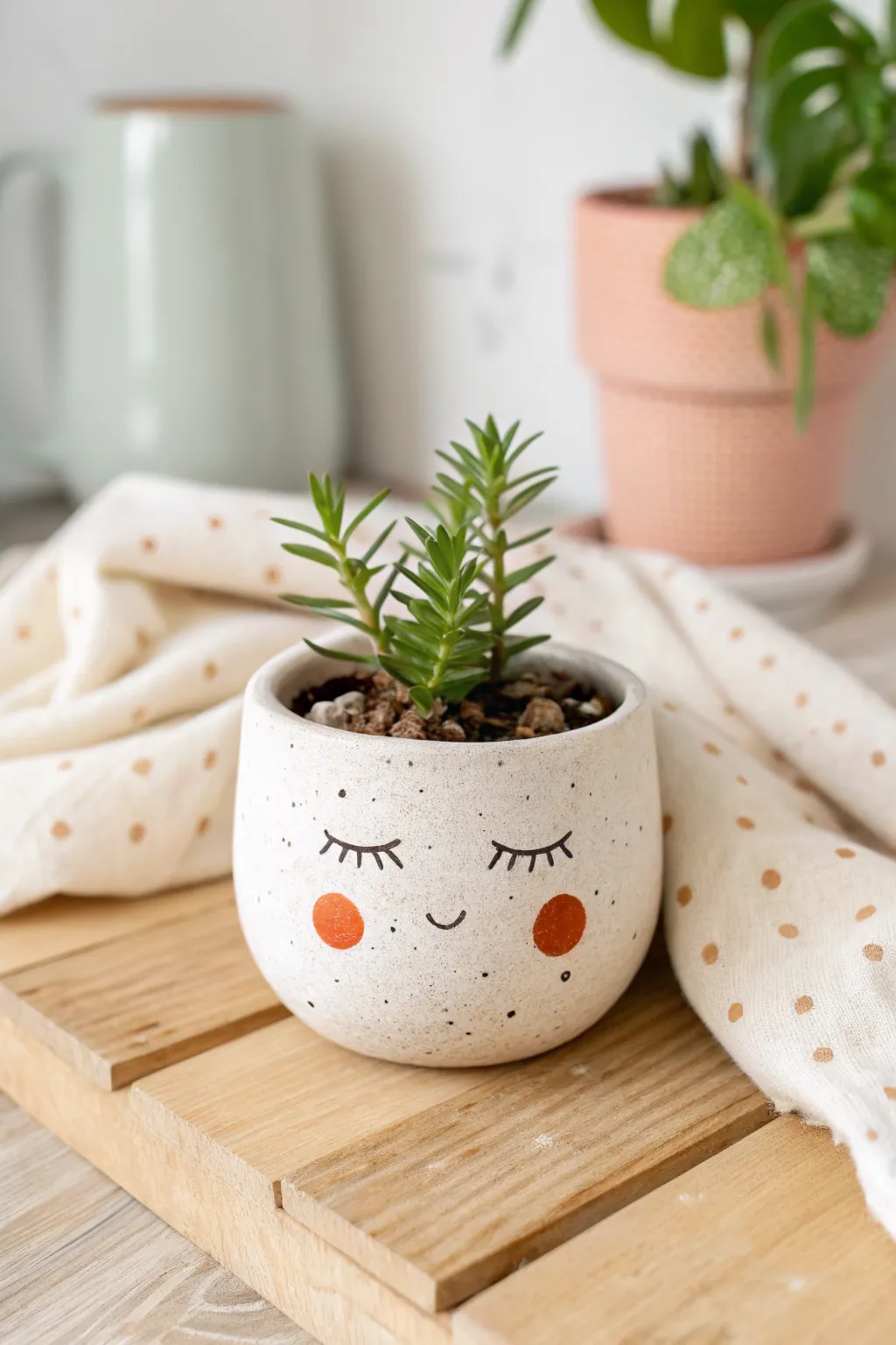 Mini pinch-pot planter with a cute painted face, perfect for easy kindergarten air-dry clay fun