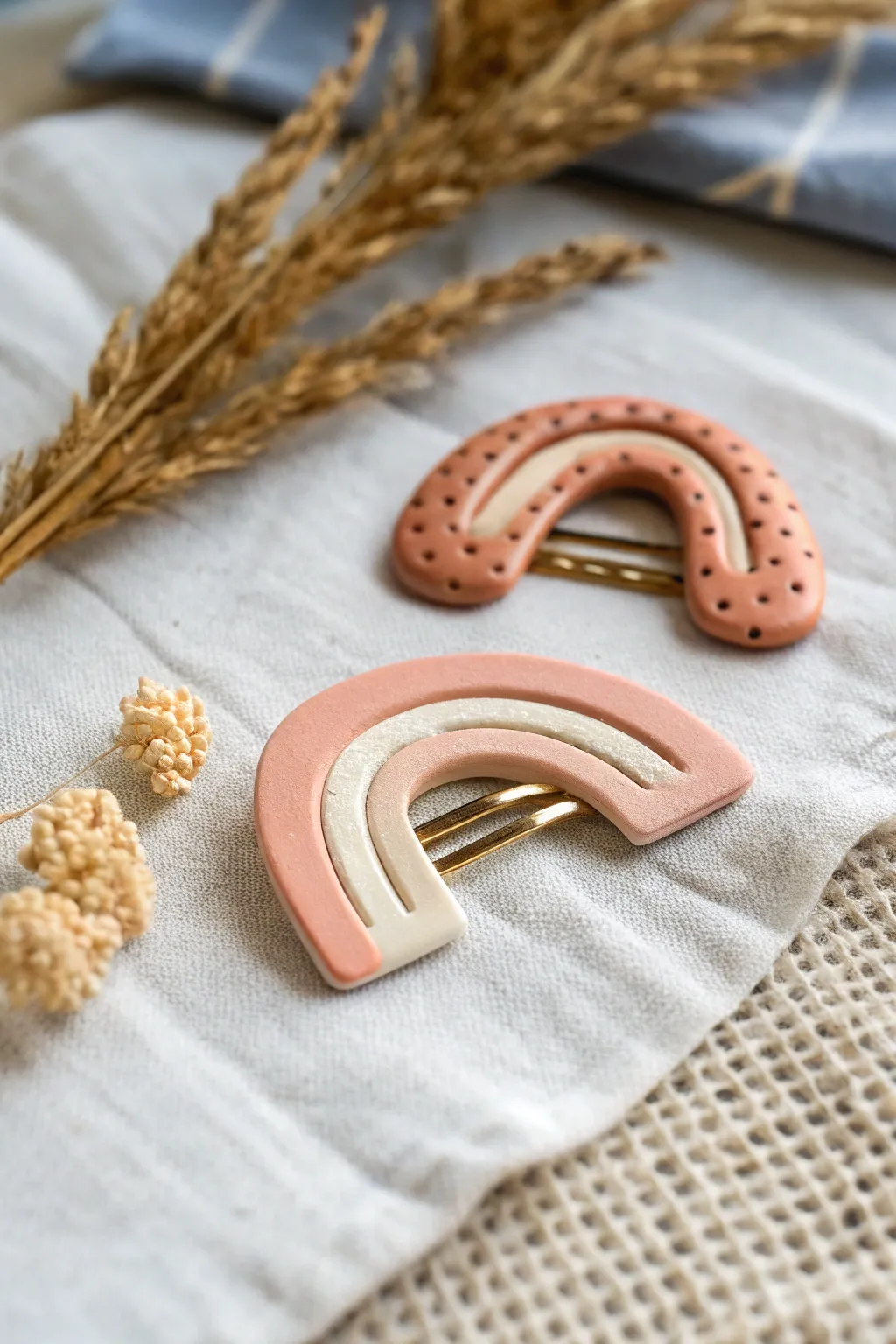 Minimalist air dry clay hair clip set in soft neutrals, perfect abstract shapes for teen style