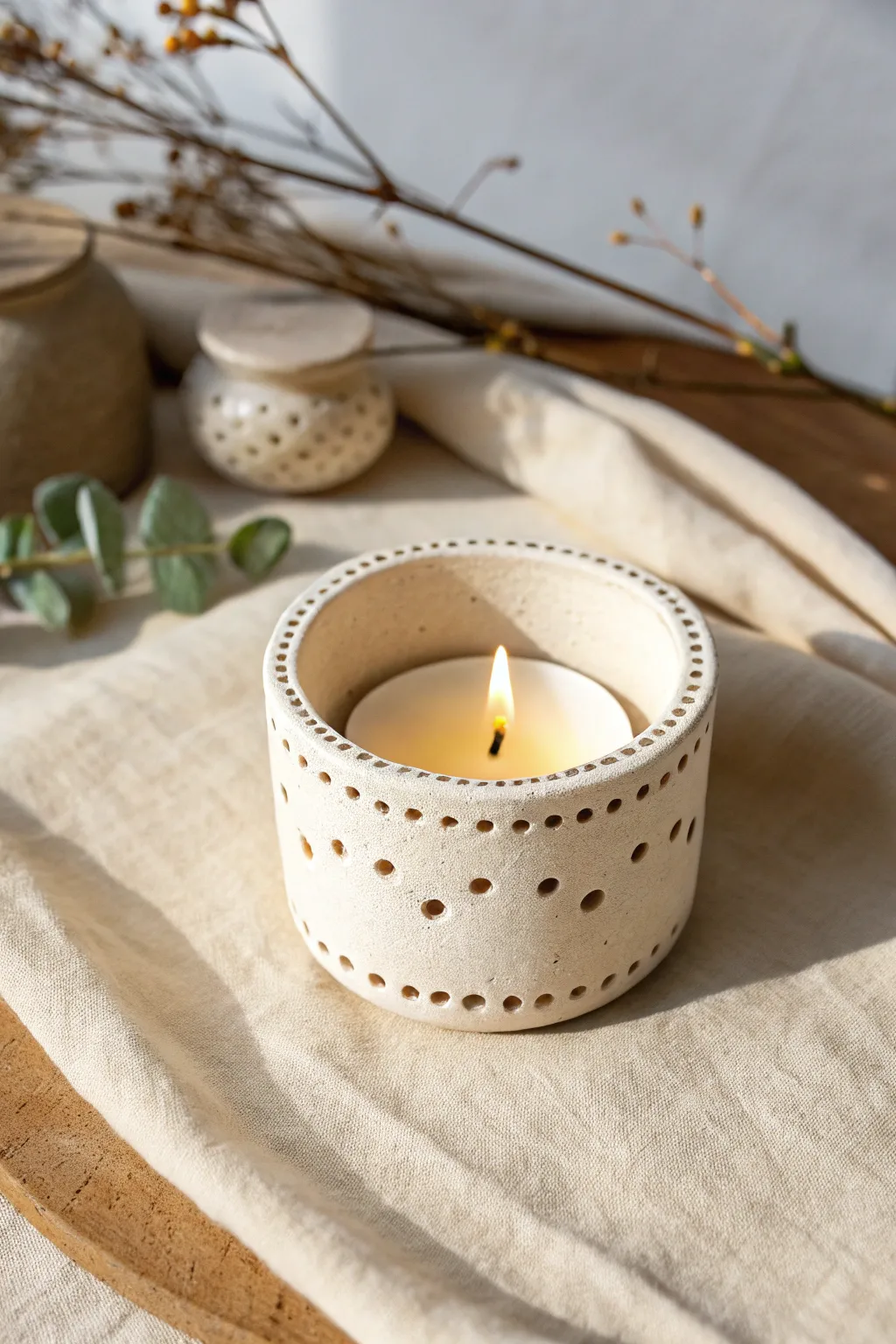 Minimal air dry clay tea-light cup holder with punched dots for a cozy, handmade glow