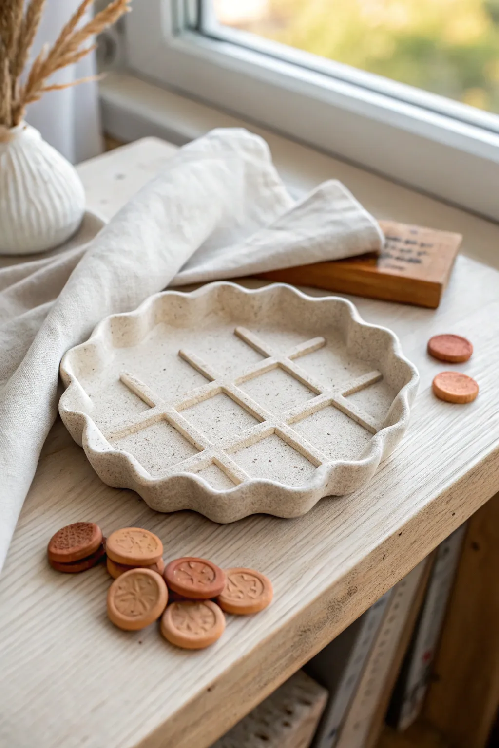 Scalloped air dry clay tic tac toe board with tidy stacked pieces for a sweet shelf display