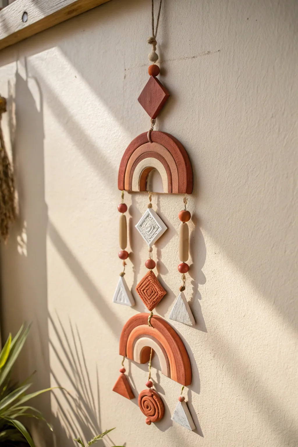Minimal boho clay wall hanging with geometric charms, a simple handmade piece perfect to sell