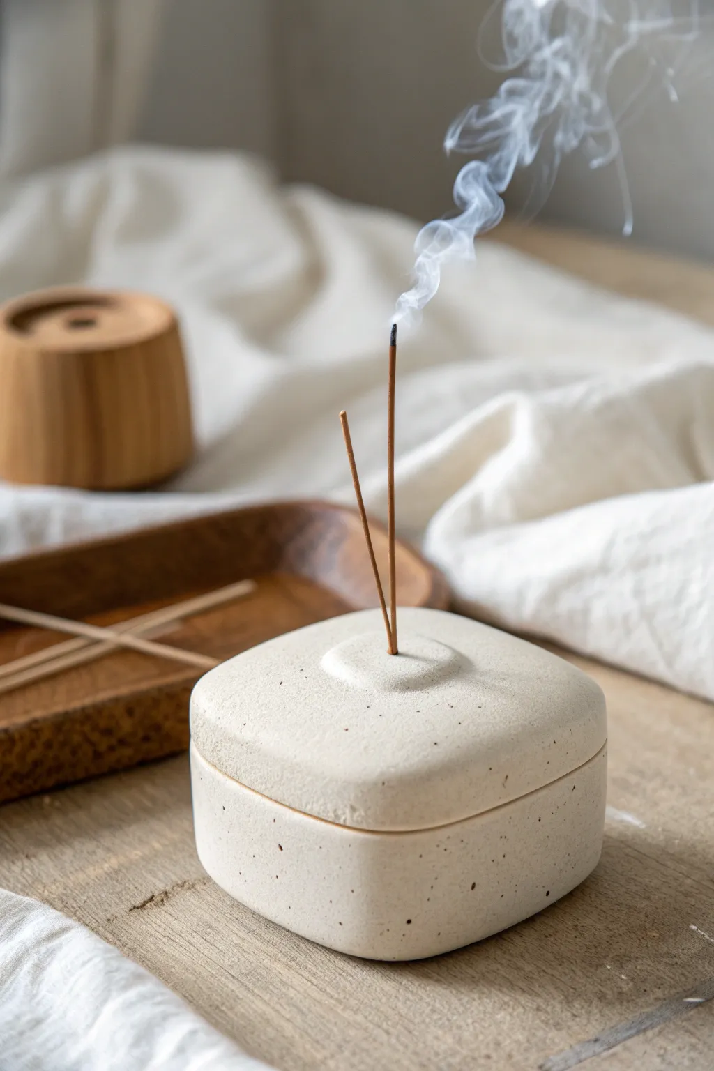 A minimalist lidded clay incense box with a hidden compartment for tidy stick storage