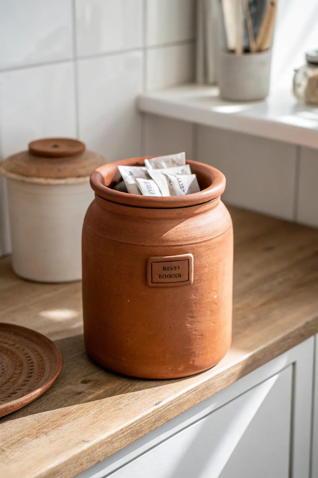 Minimal air dry clay jar with a raised plaque label, perfect for tea bags in a calm Nordic kitchen