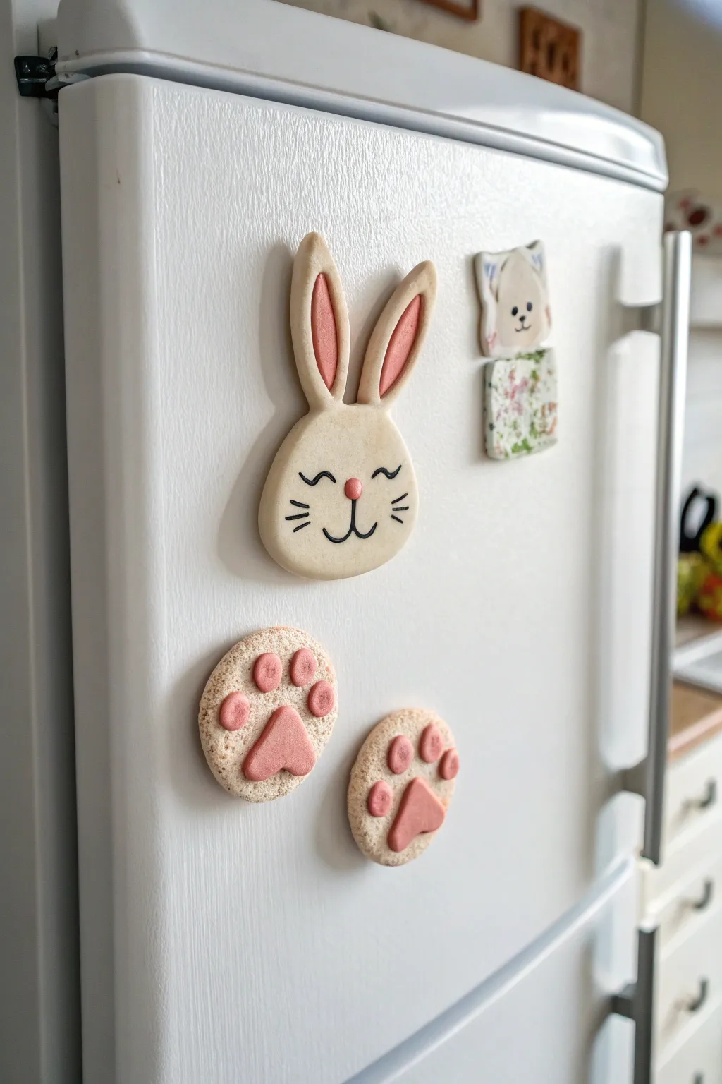 Soft neutral bunny head and paw print air dry clay magnets with blush details on a minimal fridge