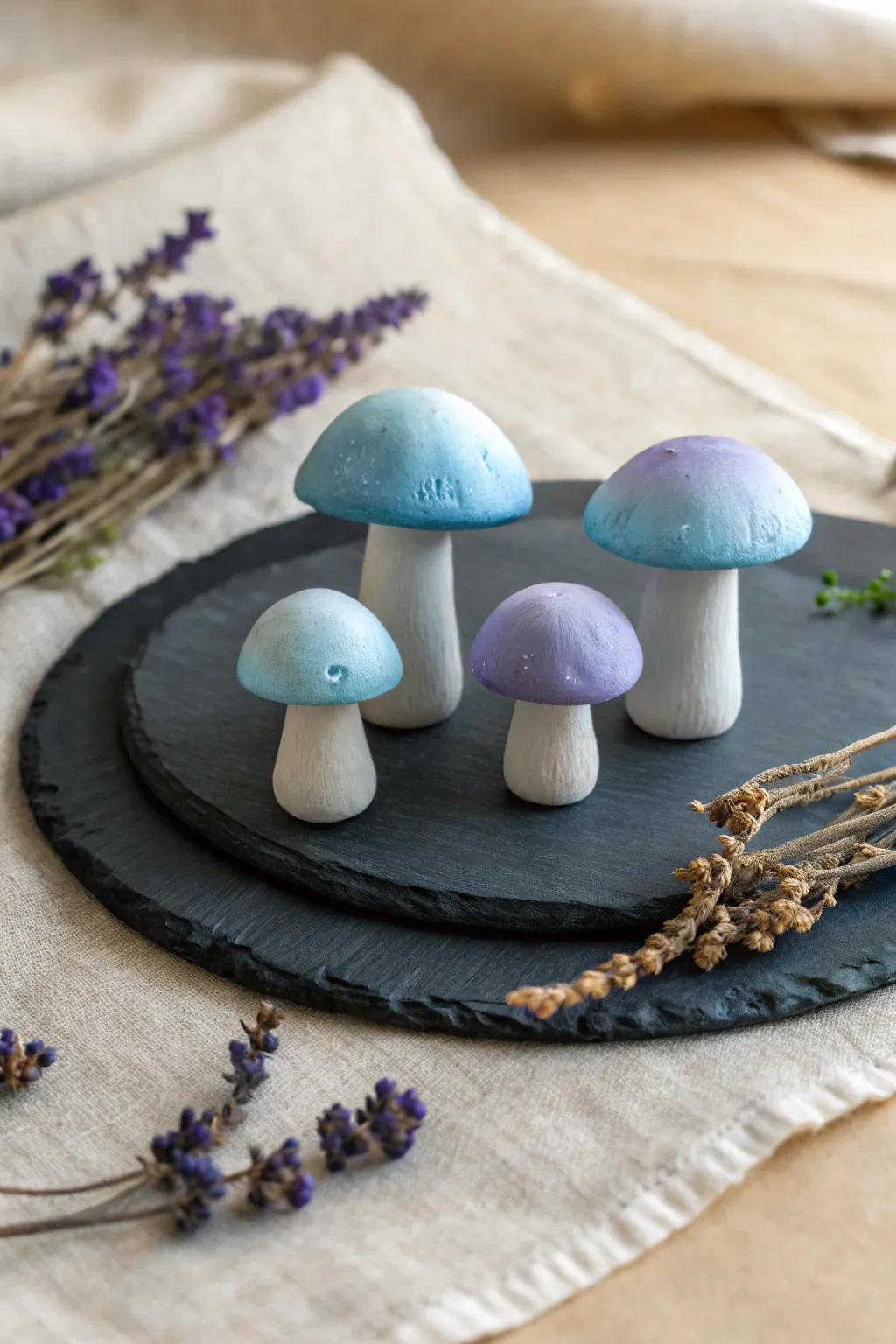 Magical blue-to-violet air dry clay mushrooms on a dark base, minimal and hobby-friendly.