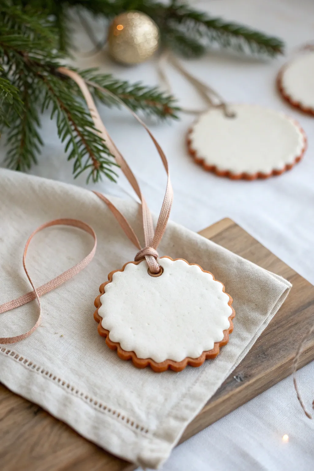 Vintage scalloped air dry clay ornament in soft neutrals, simple to make and so charming.