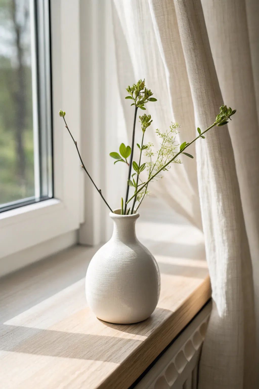 Mini air dry clay bud vase on a bright windowsill, holding fresh cuttings for easy propagation.